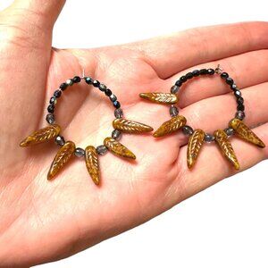 Boho Czech Glass Hoop Earrings Rustic Brown Dagger Beads Cobalt Blue Accents